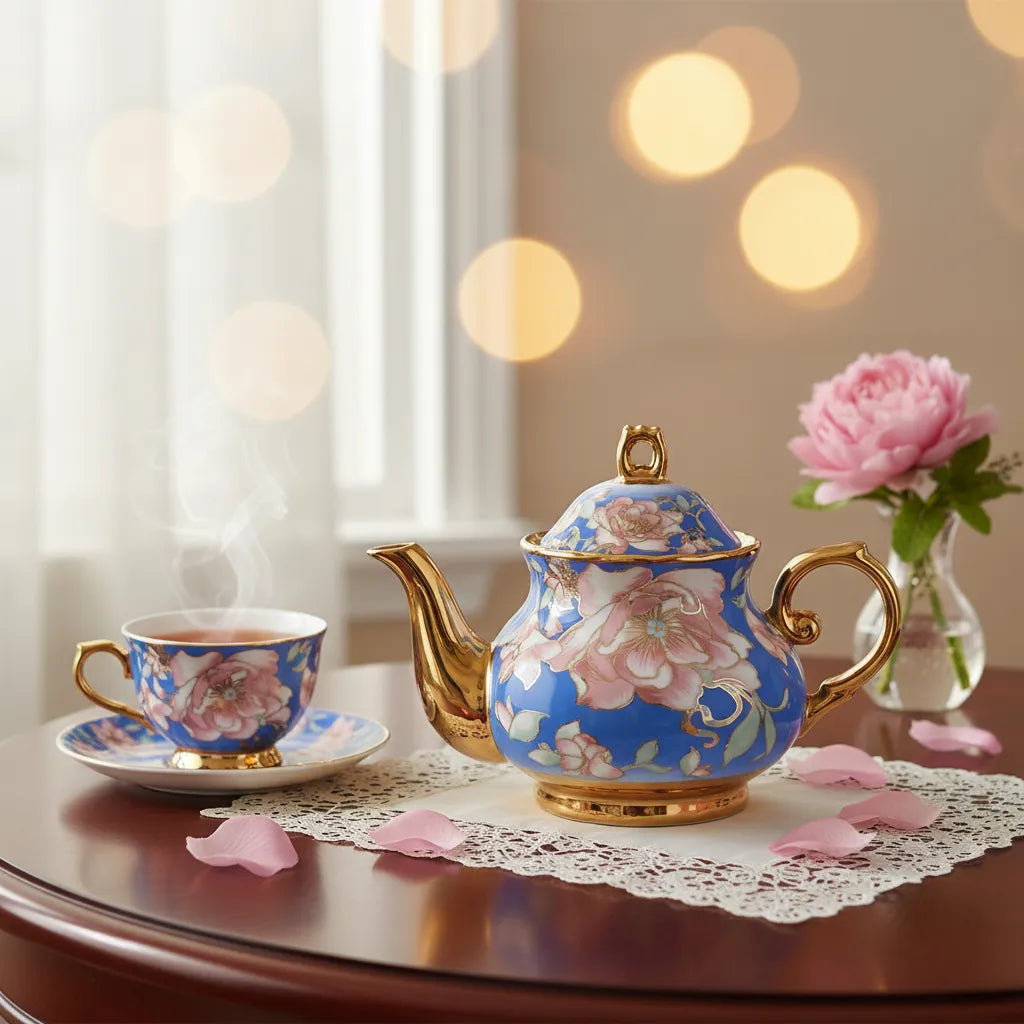Théière Anglaise en Porcelaine 900 ml – Fleurs Dorées sur Bleu Royal