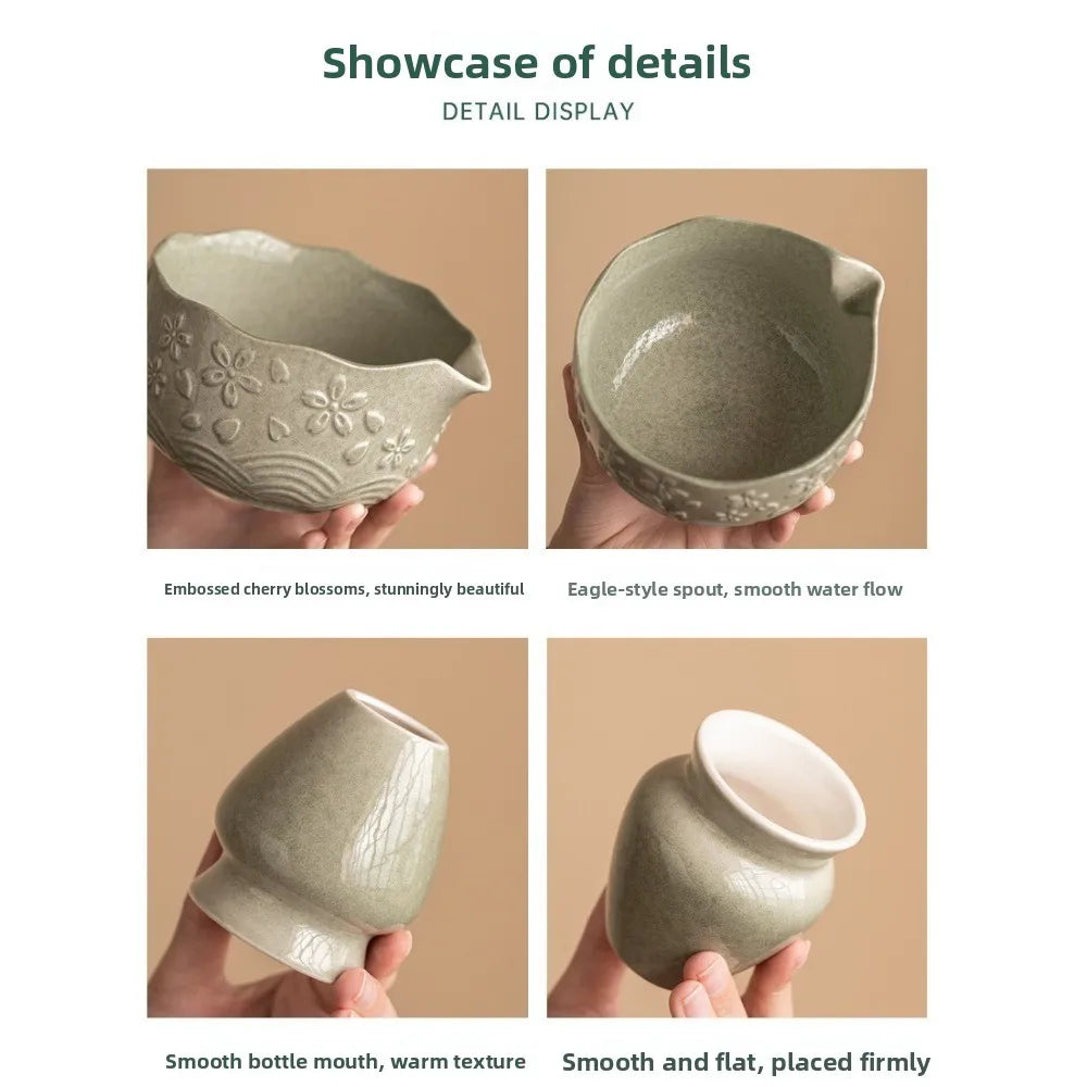 Duo Matcha Sakura – Bol en Céramique Sculptée & Porte-Fouet Assorti