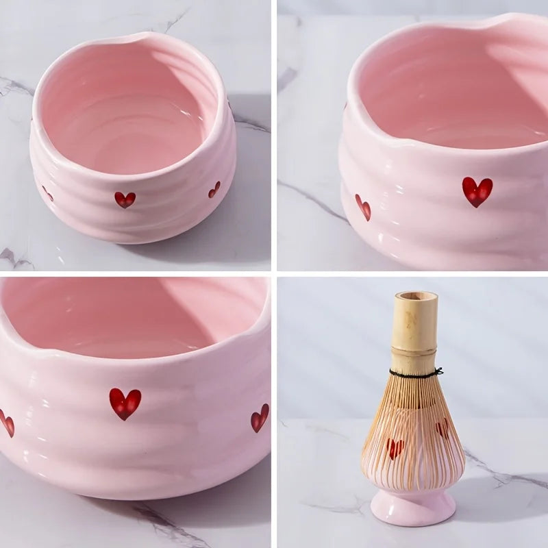 Set Matcha Rose Cœur – Bol en Céramique & Ustensiles en Bambou (Kit Complet)