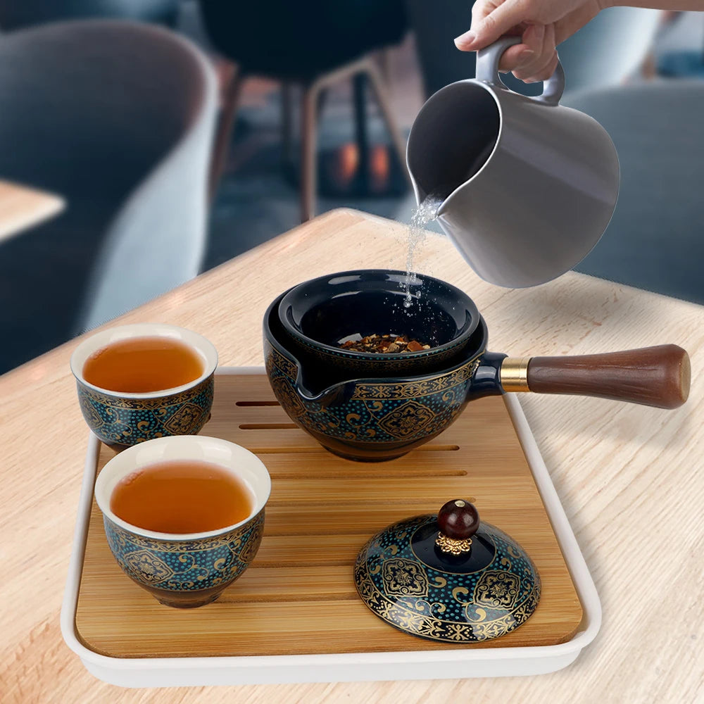 Service à Thé Chinois en Porcelaine & Bois - Set de Gongfu Cha Rotatif 360°