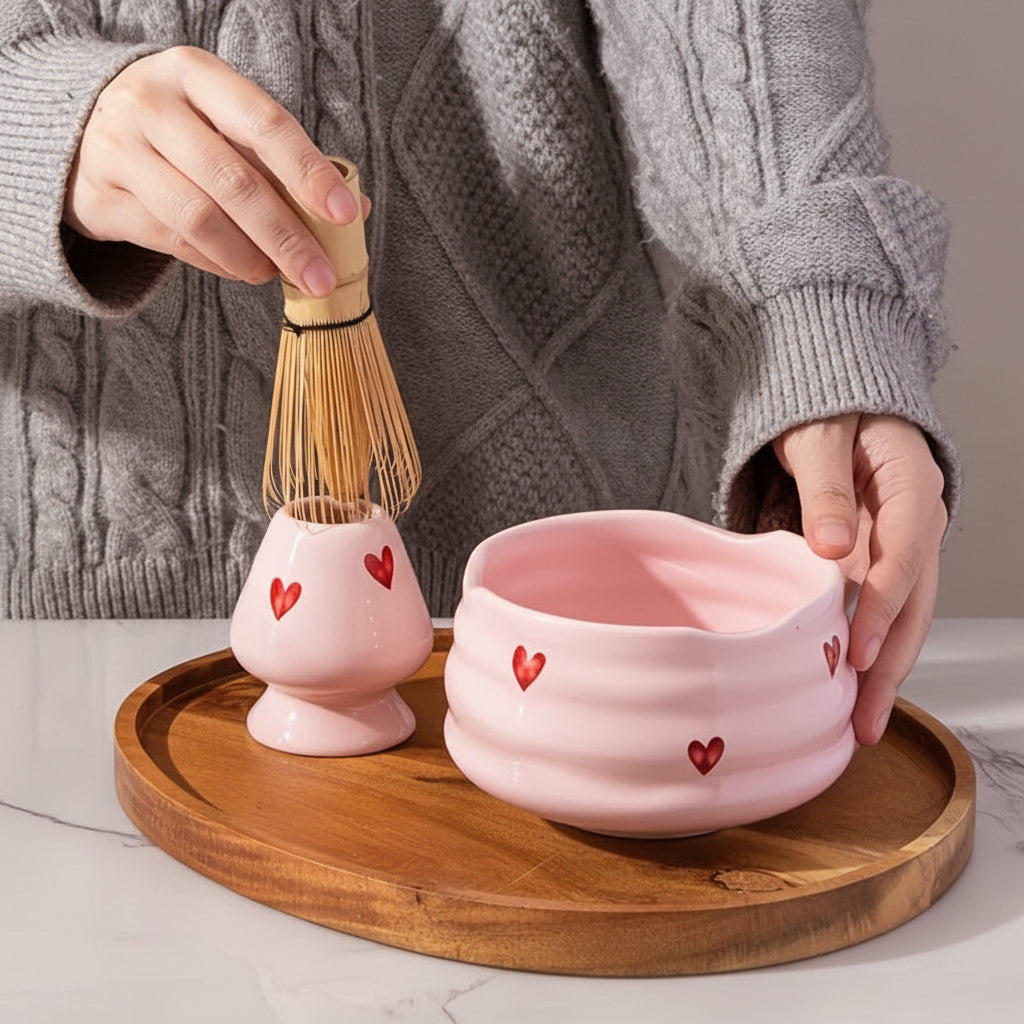 Set Matcha Rose Cœur – Bol en Céramique & Ustensiles en Bambou (Kit Complet)