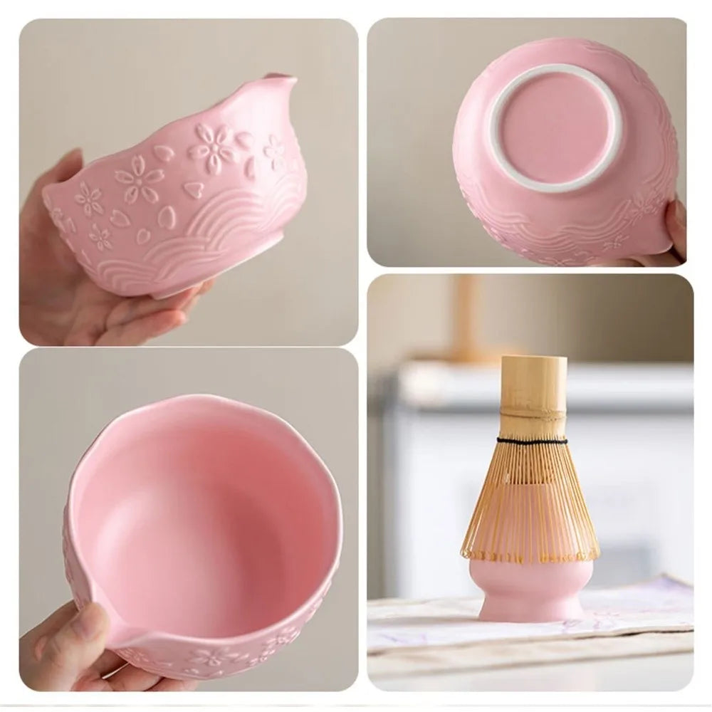 Duo Matcha Sakura – Bol en Céramique Sculptée & Porte-Fouet Assorti