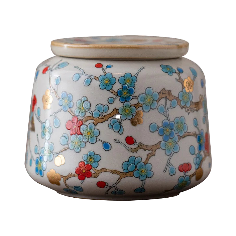 Boîte à thé japonaise en céramique avec motifs floraux dorés - Maison Kyusu