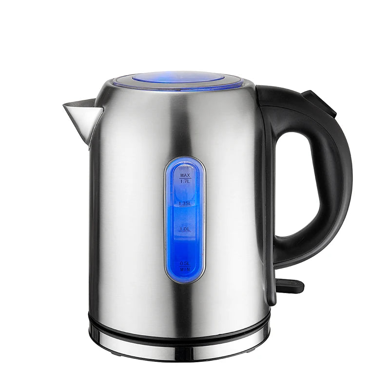 Bouilloire électrique en inox 1,7L avec éclairage LED bleu, modèle haut de gamme.