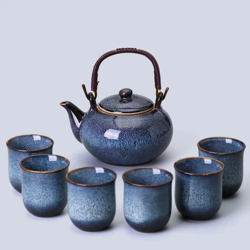Service à thé japonais bleu en céramique avec théière 900 ml
