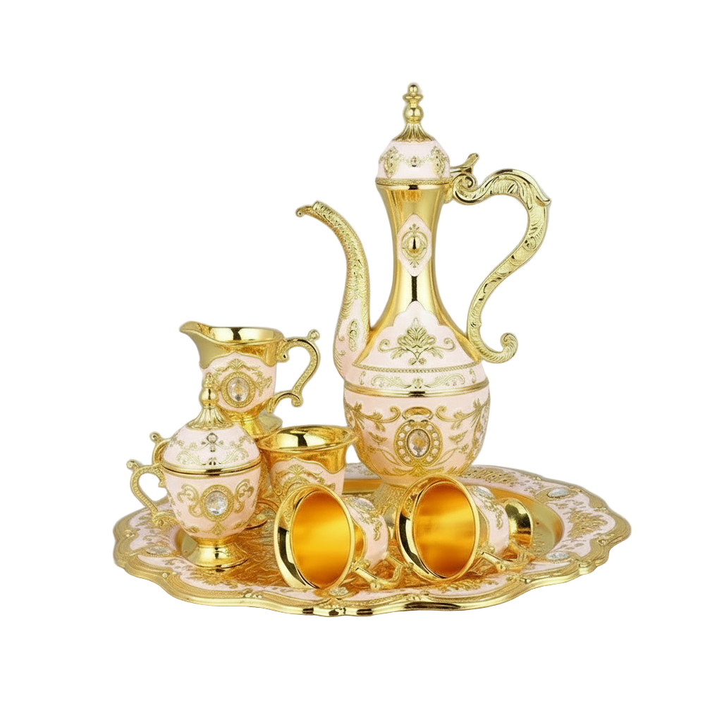 Service à thé oriental blanc et doré avec théière sculptée, 6 tasses et plateau décoratif.