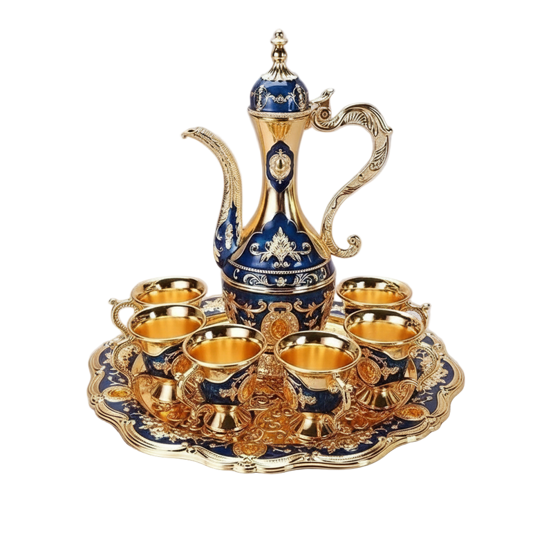 Service à thé oriental bleu et doré avec théière sculptée, 6 tasses et plateau décoratif.