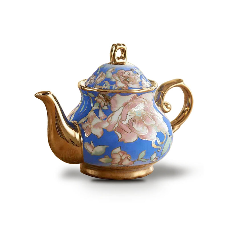 Théière Anglaise en Porcelaine 900 ml – Fleurs Dorées sur Bleu Royal
