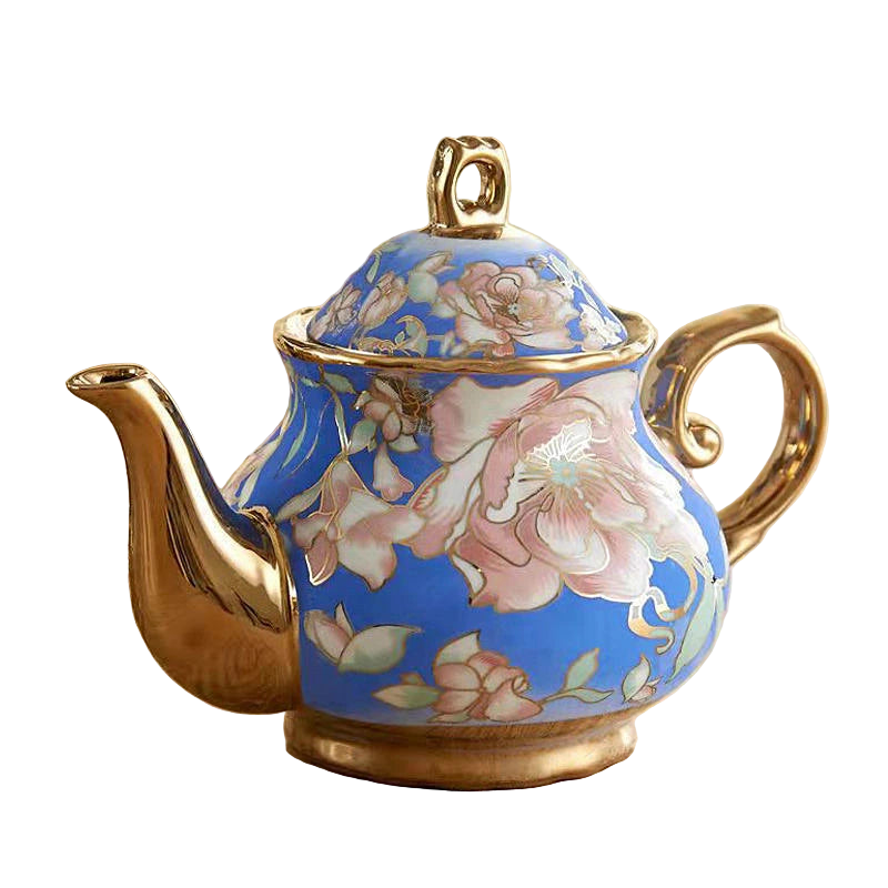 Théière anglaise bleue en porcelaine avec motifs floraux dorés – 900 ml - Maison Kyusu