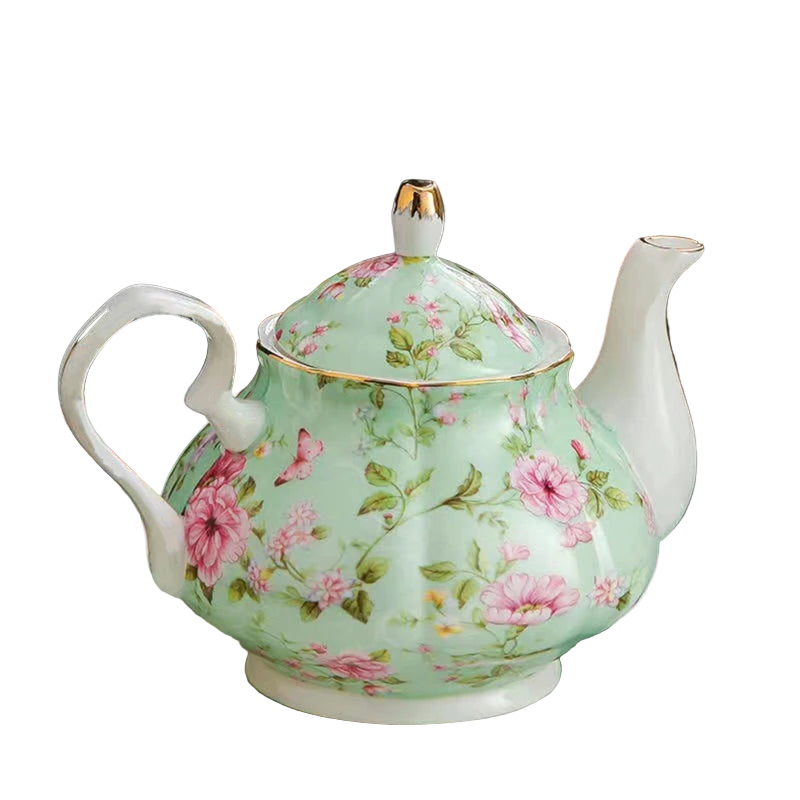 Théière anglaise verte en porcelaine avec motifs fleuris, 400 ml.