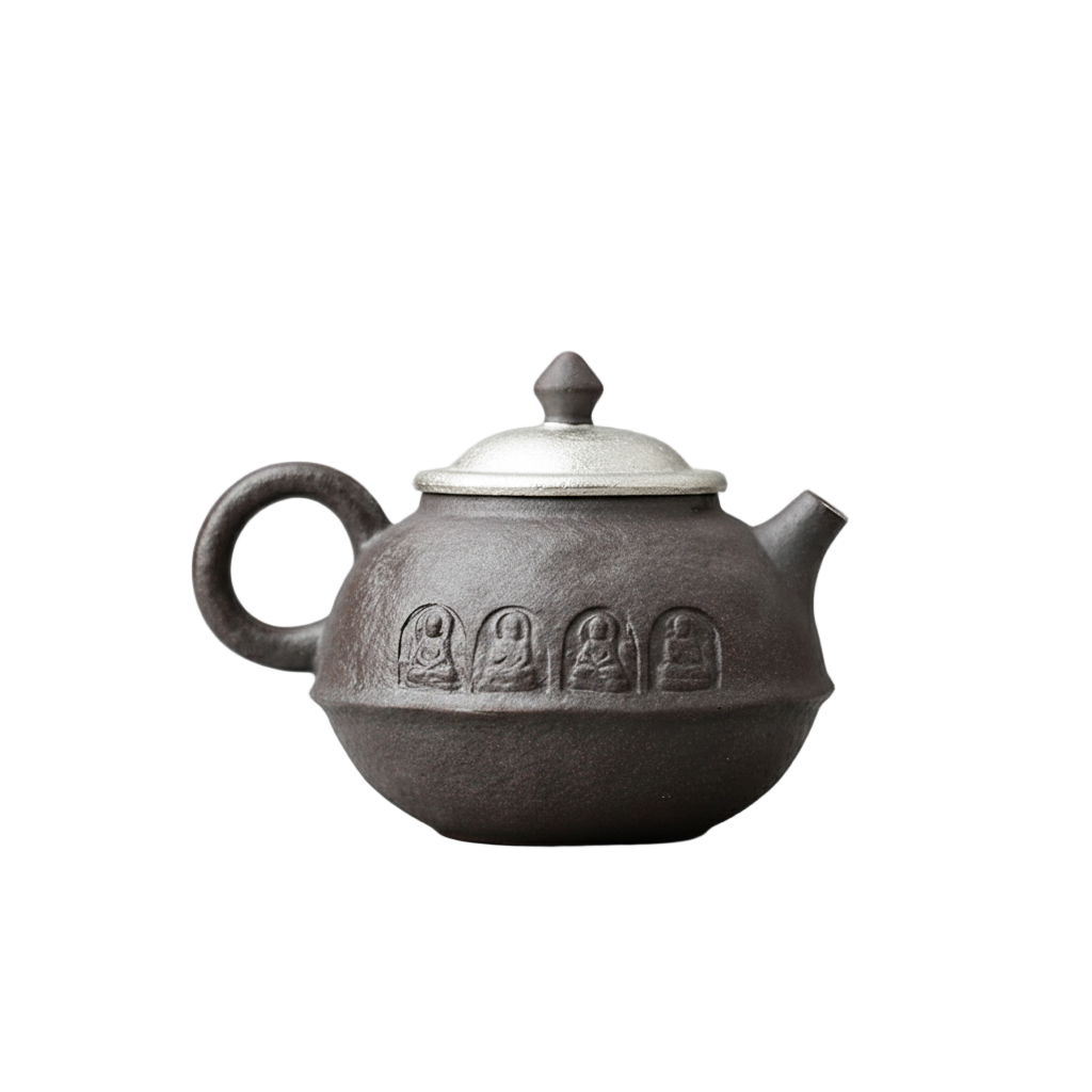 Théière chinoise en céramique sombre sculptée avec couvercle clair, 160 ml.