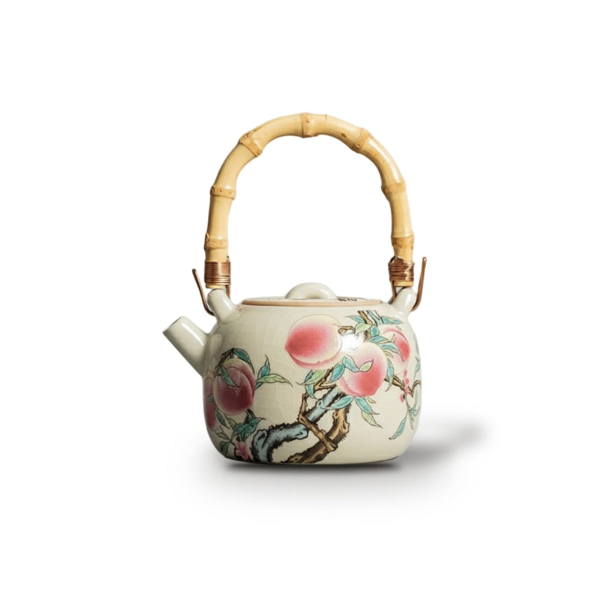 Théière Chinoise en Porcelaine Motif Pêches & Poignée Bambou – 210 ml - Théière seule