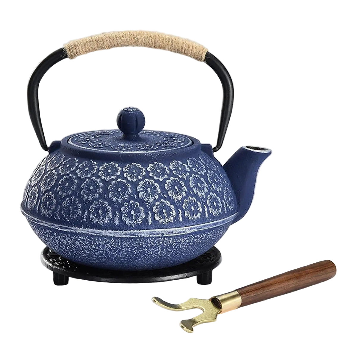 Théière japonaise en fonte bleue de 900ml avec anse tressée - Maison Kyusu