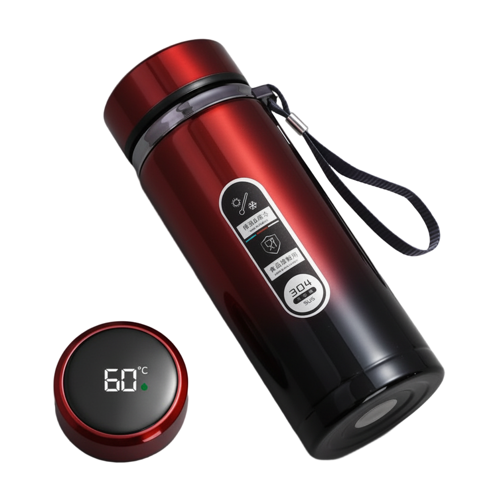 Thermos isotherme couleur rouge avec affichage LED intelligent.